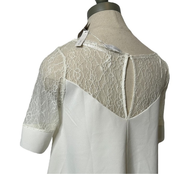 Zara White Short Sleeve Contrast Lace V-Neck Flowy Crop Blouse Size Medium - Picture 12 of 16